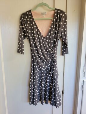 Polka Dot Wrap-Style Grey Dress with White Dots